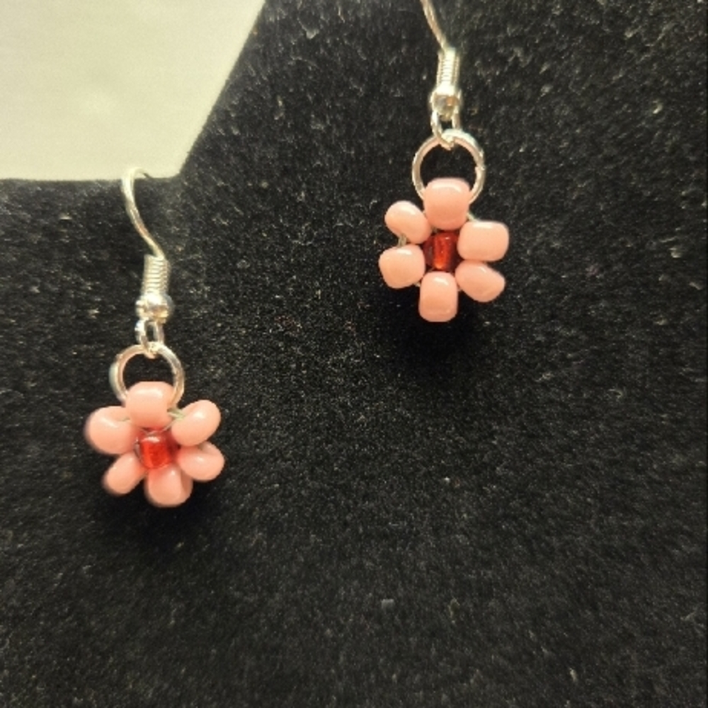 Hand Crafted Cute Silver and Pink Flower Beaded Dangle Earrings